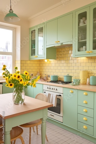 A light and airy kitchen with green cabinets, yellow tile backsplash, and a bouquet of sunflowers in a vase on a wooden table.