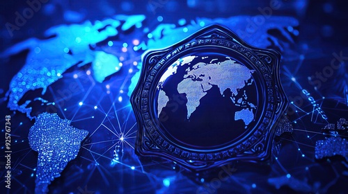 A digital representation of global law enforcement, featuring a police badge against a network background. photo