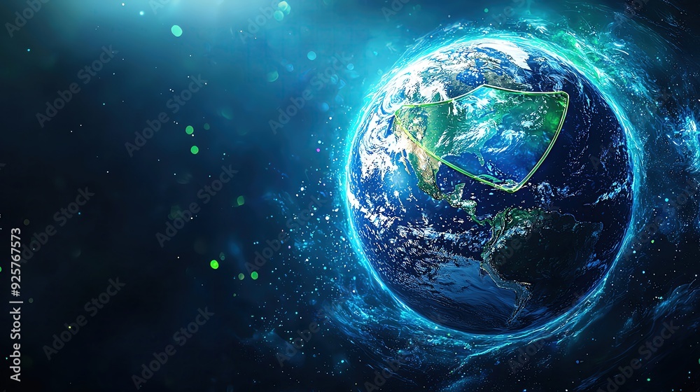 A stunning depiction of Earth surrounded by cosmic elements and a protective overlay, representing global connectivity and technology. A stunning depiction of Earth surrounded by cosmic elements and a protective overlay, representing global connectivity and technology.