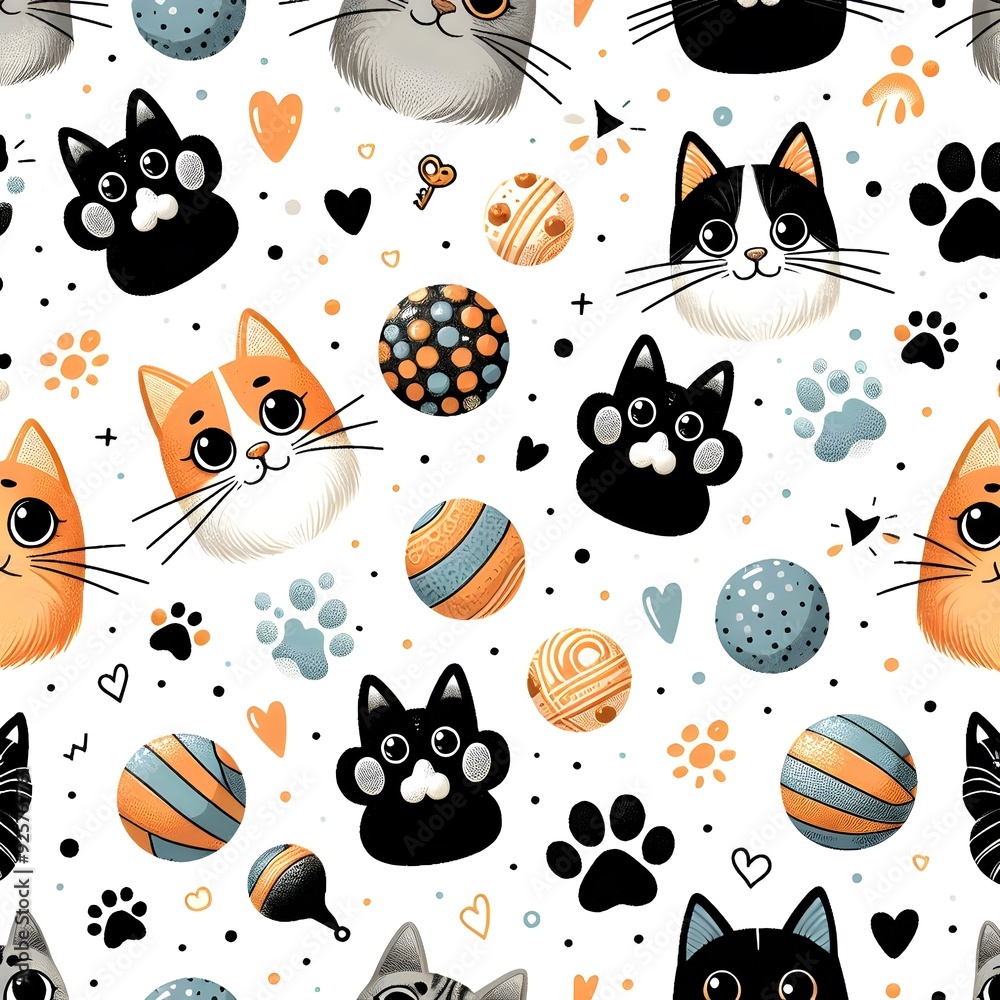 Cute Cat Pattern with Balls and Hearts