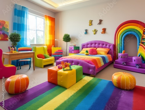 A colorful and fun bedroom with a rainbow theme, featuring a purple bed with a rainbow duvet, a rainbow rug, and a rainbow-colored armchair.