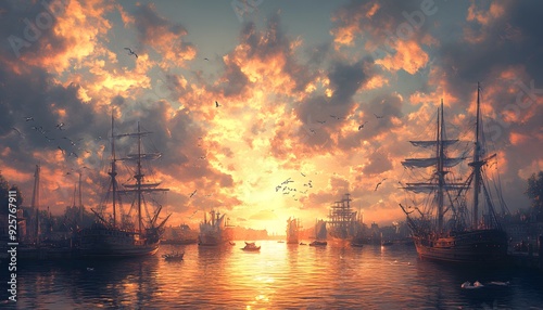 Ships at Sunset in a Harbor Illustration