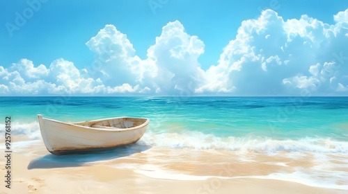 Illustration of a White Boat on a Sandy Beach with Blue Water and White Clouds in the Background