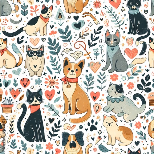Seamless Pattern with Cute Cartoon Cats, Dogs, and Flowers
