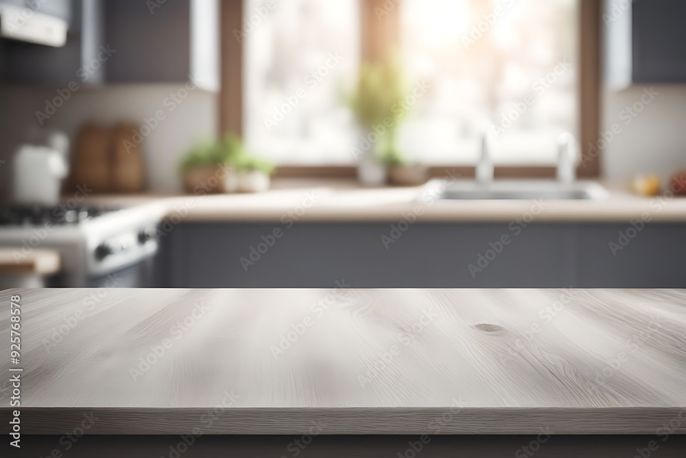 Empty wood tabletop or counter with display product. Blur image of kitchen room background. Empty wood tabletop or counter with display product. Blur image of kitchen room background.