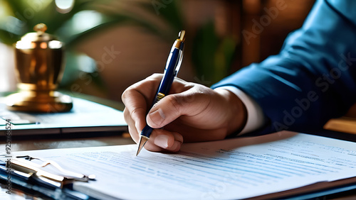 Persons Hand is writing signature on deal contract at company in office, legal documents or documents for production budgets