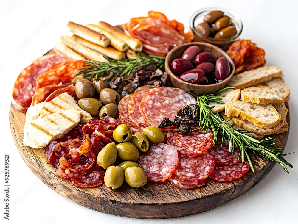 Appetizer Platter with Salami, Olives, and Bread on Wooden Board - Photo Appetizer Platter with Salami, Olives, and Bread on Wooden Board - Photo