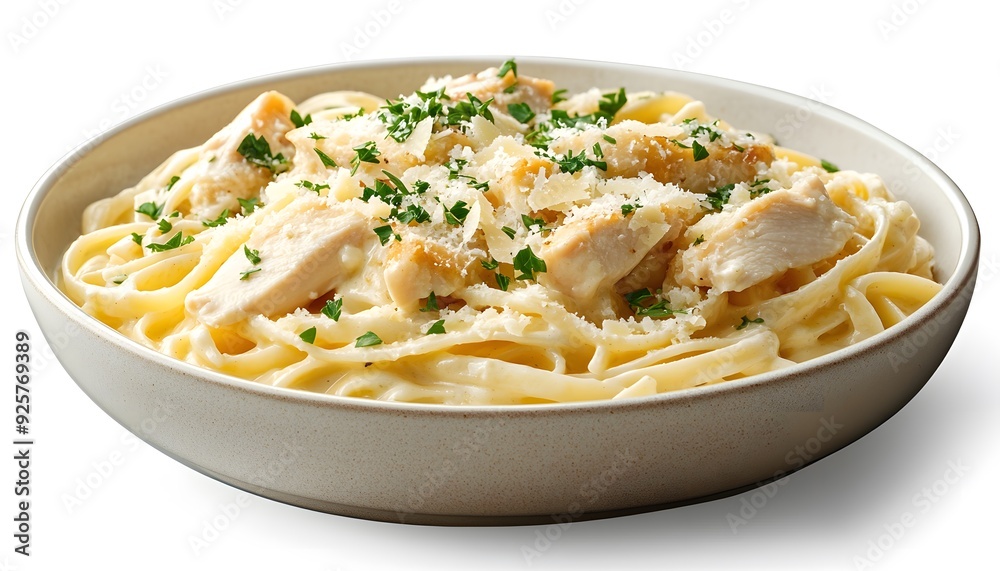 Creamy Chicken Fettuccine Pasta with Parmesan Cheese in Bowl - Photo Creamy Chicken Fettuccine Pasta with Parmesan Cheese in Bowl - Photo