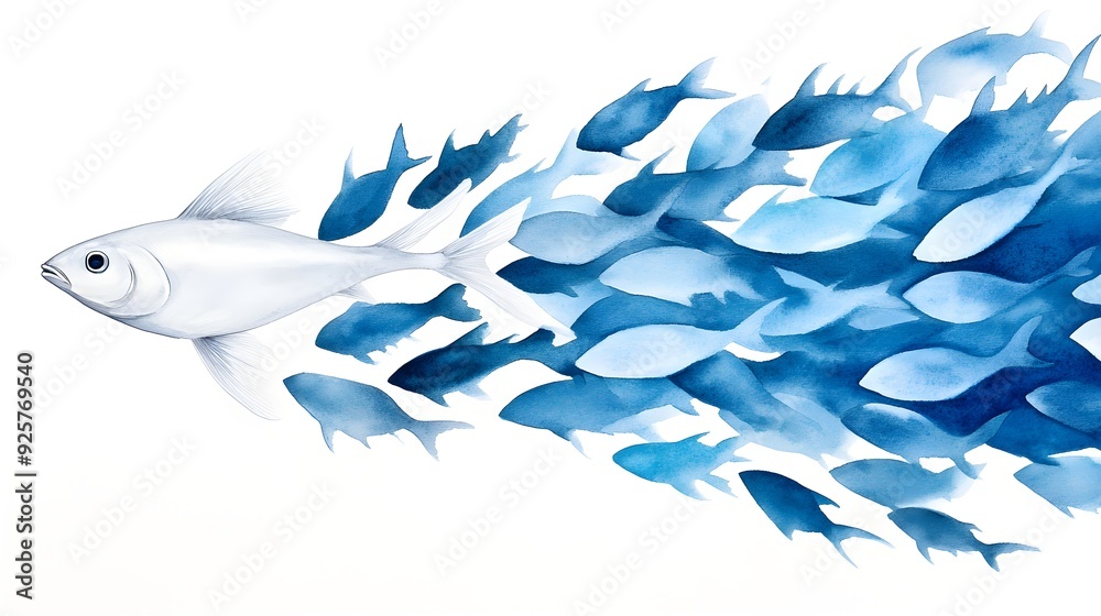 Fototapeta premium Luminous watercolor depiction of silver fish shoal, moving as a cloud, gliding gracefully through blue waters