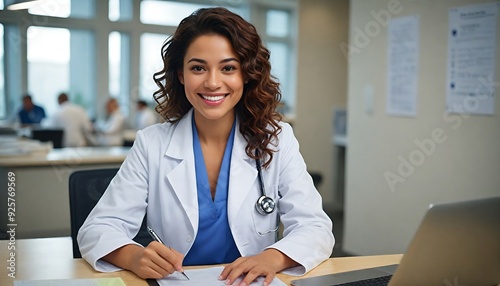 Head shot portrait of young woman medical graduate, pediatric in white coat posing at workplace clinic office, smile, look at camera feel happy. Internship, healthcare, medical worker profile picture  photo