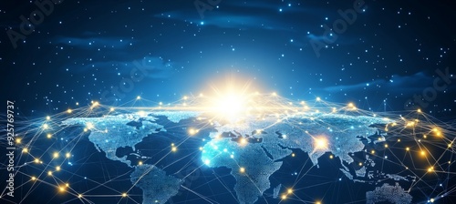 Abstract digital background with glowing network connections and a global map, symbolizing technology, connectivity, data transfer, and cyber security in a futuristic style