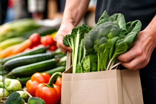 A person holding a paper bag filled with fresh vegetables, showcasing healthy eating and sustainable shopping practices.
