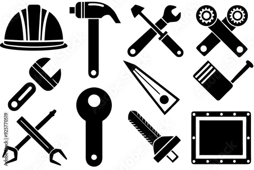 Construction Tool Icons Set: Hammer, Wrench, Screwdriver, Hard Hat, Saw, Toolbox - Vector Silhouette Illustration