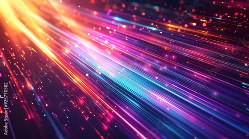 Abstract background with diagonal neon lights and colorful bokeh.