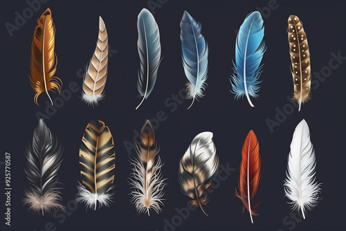  Assorted collection of bird feather icons for design and decoration