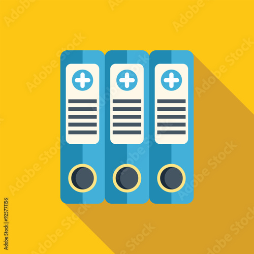 Three blue medical record folders are standing in a row, representing a patient files archive