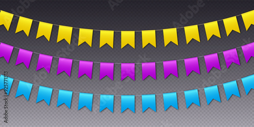 Colorful bunting flags, carnival party flags, festive pennants hanging on a rope. Festival vector decoration.