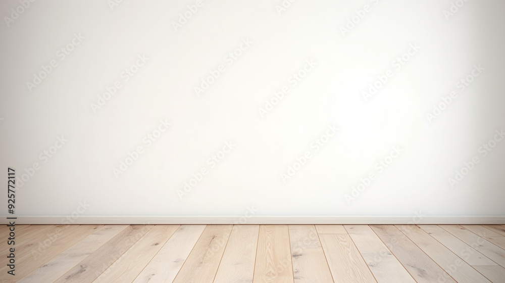 A photograph of an empty white wall with light wood flooring, background, backdrop