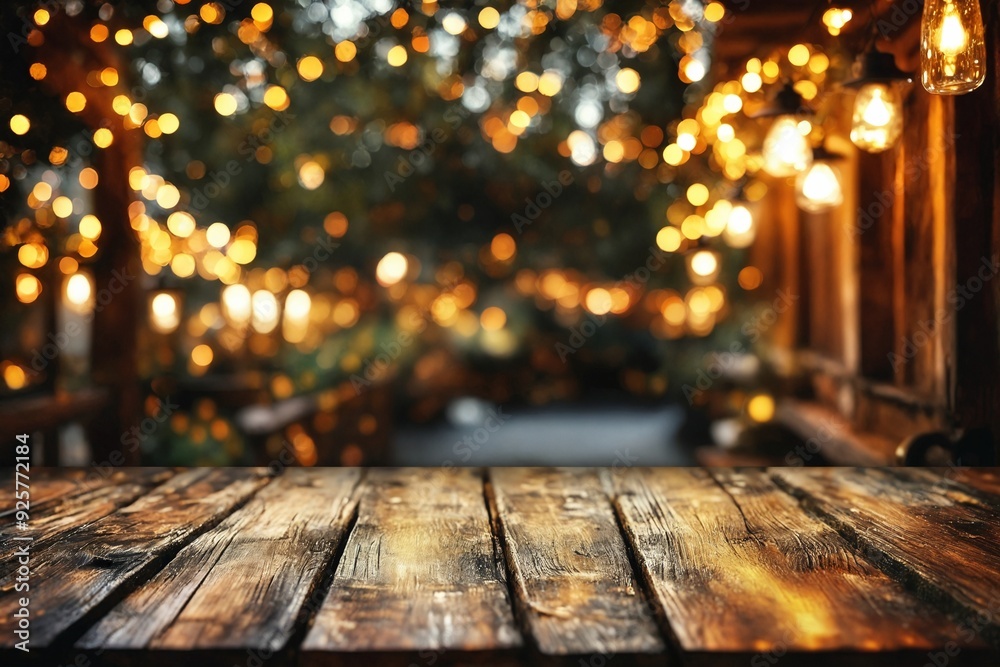 Wooden Table with Sparkling Lights Background Wooden Table with Sparkling Lights Background