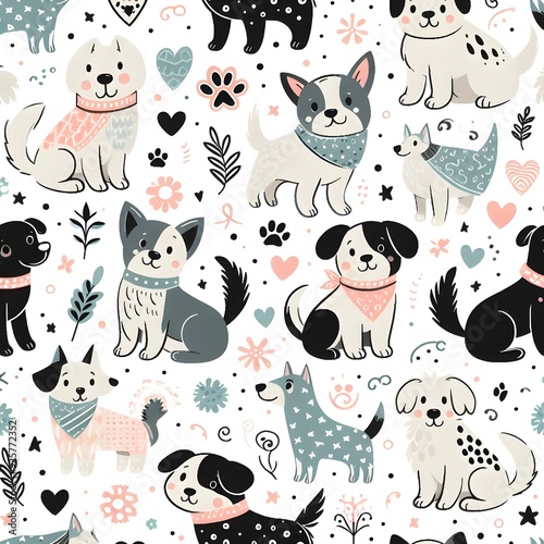 Cute Dog Seamless Pattern with Hearts and Flowers