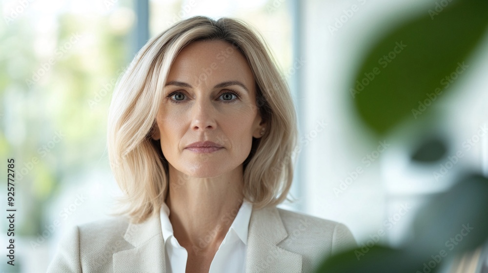 Obraz premium Warm, middle-aged woman in a sleek, contemporary office, offering business advice to a diverse group, soft lighting, friendly environment, modern tech setup