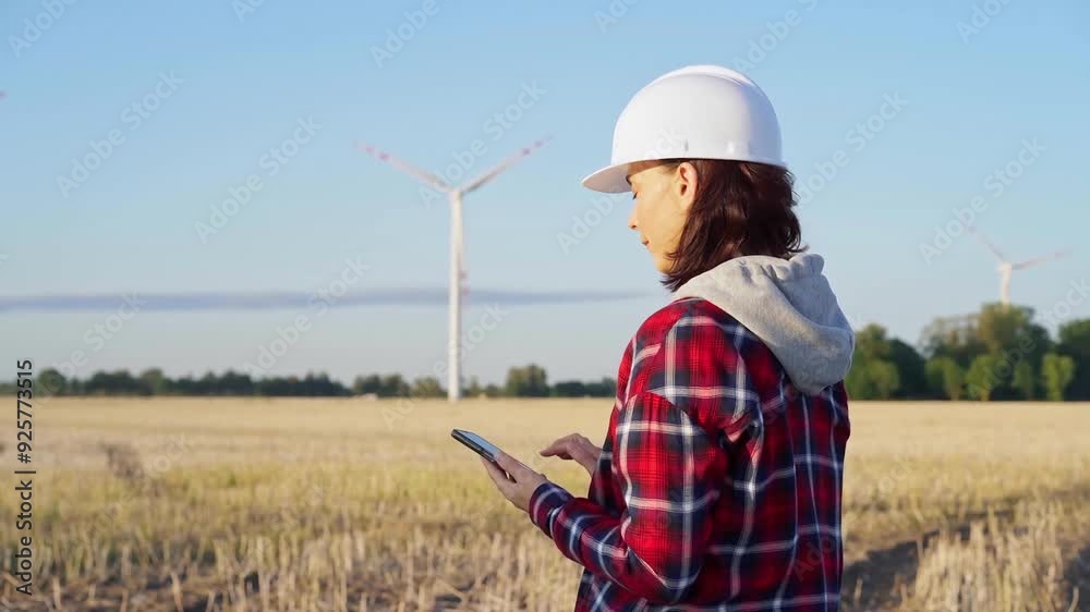 Woman engineer, wearing a white protective helmet, is talking on a smartphone in a field with wind turbines as the sun sets. Concept of clean energy and engineering audit Woman engineer, wearing a white protective helmet, is talking on a smartphone in a field with wind turbines as the sun sets. Concept of clean energy and engineering audit