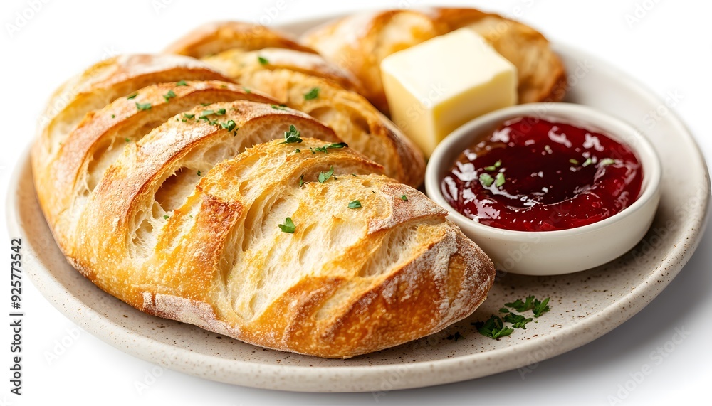 A Close-Up of a Plate of Freshly Baked Bread with Butter and Jelly - Realistic Photo A Close-Up of a Plate of Freshly Baked Bread with Butter and Jelly - Realistic Photo