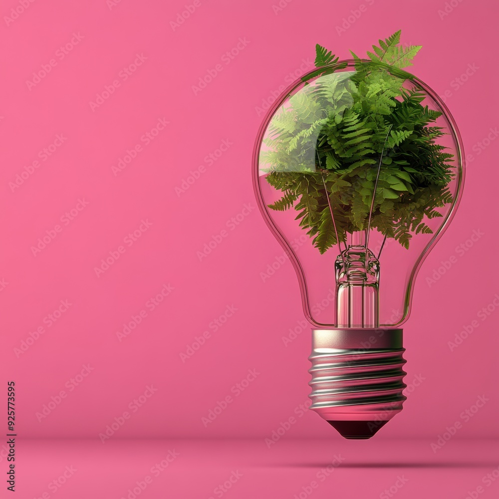 Filled with green leaves and ferns, a light bulb on a pink background signifies eco-friendly energy, sustainability, and the importance of preserving the environment. Filled with green leaves and ferns, a light bulb on a pink background signifies eco-friendly energy, sustainability, and the importance of preserving the environment.