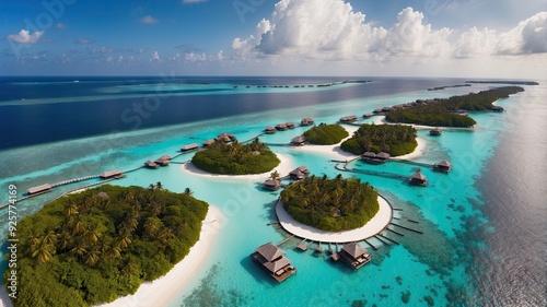 Luxury overwater villas from above. Aerial drone picture