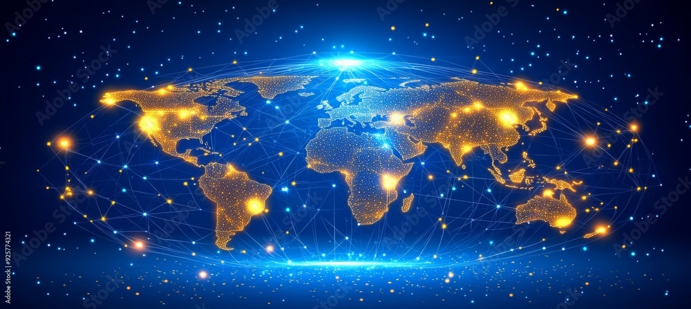 Fototapeta premium Abstract digital background with glowing network connections and a global map, symbolizing technology, connectivity, data transfer, and cyber security in a futuristic style