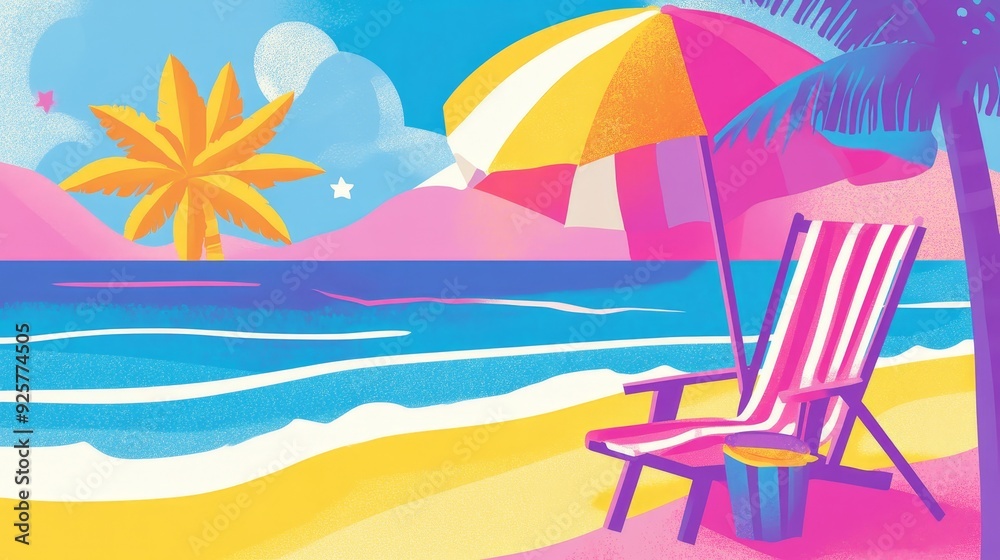 Naklejka premium Retro Beach, Stylized beach scene with bright colors, Nostalgic Summer