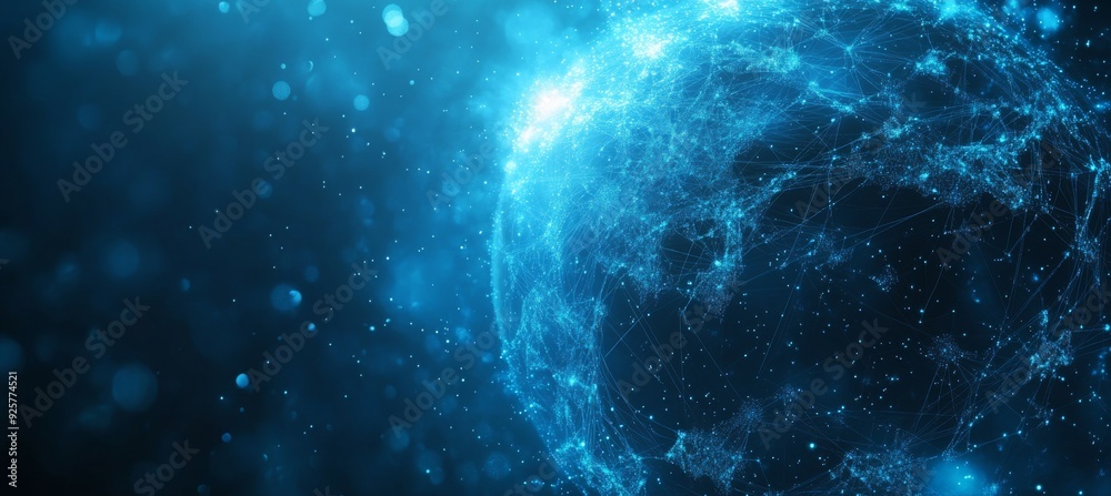 Obraz premium Abstract digital background with glowing network connections and a global map, symbolizing technology, connectivity, data transfer, and cyber security in a futuristic style