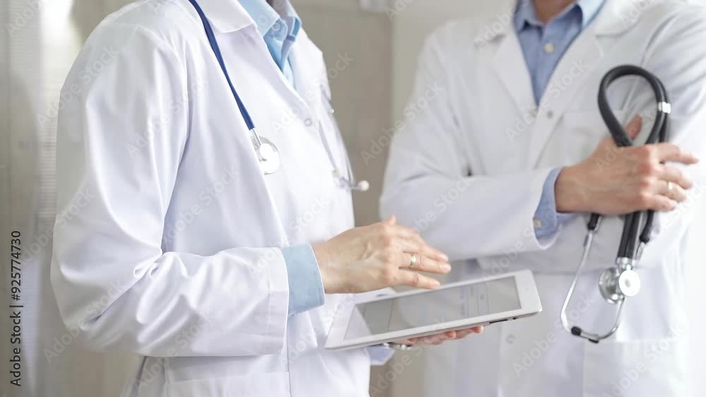 Two doctors wearing white coats and stethoscopes, using a digital tablet, discussing a patient's medical history. Medicine and science Two doctors wearing white coats and stethoscopes, using a digital tablet, discussing a patient's medical history. Medicine and science