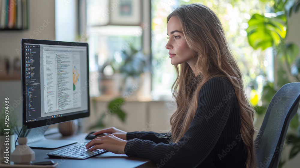 Beautiful young woman sitting at a desk with high resolution. She is focused on her work in front of the computer. The environment is modern and bright with natural light. Beautiful young woman sitting at a desk with high resolution. She is focused on her work in front of the computer. The environment is modern and bright with natural light.