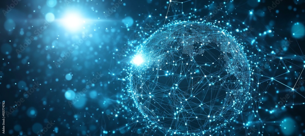 Obraz premium Abstract digital background with glowing network connections and a global map, symbolizing technology, connectivity, data transfer, and cyber security in a futuristic style