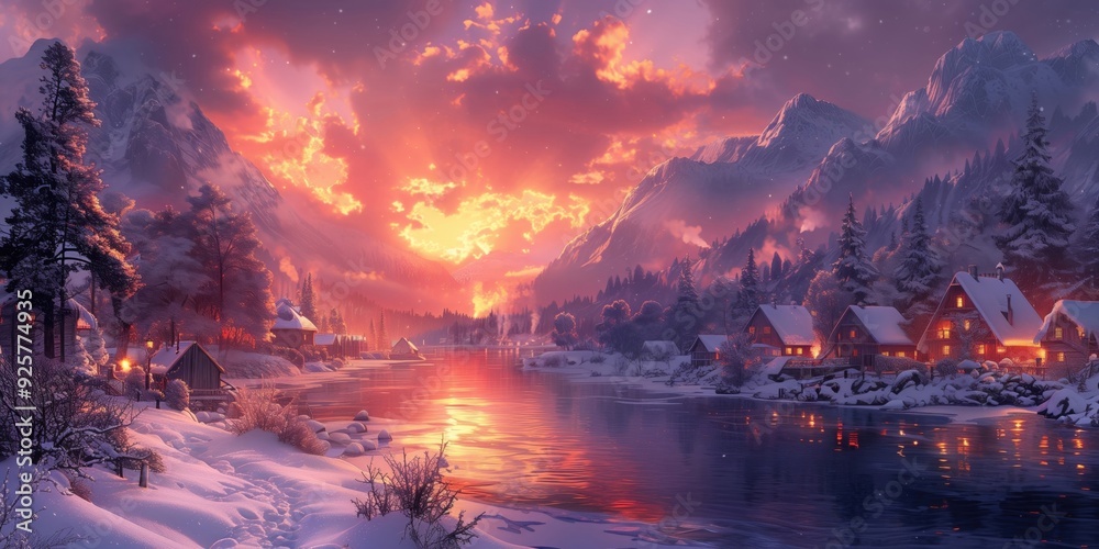 Dramatic Winter Landscape with Cozy Cabins Reflecting in Frozen Lake