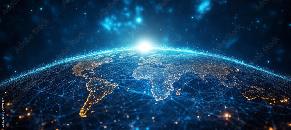 Obraz premium Abstract digital background with glowing network connections and a global map, symbolizing technology, connectivity, data transfer, and cyber security in a futuristic style