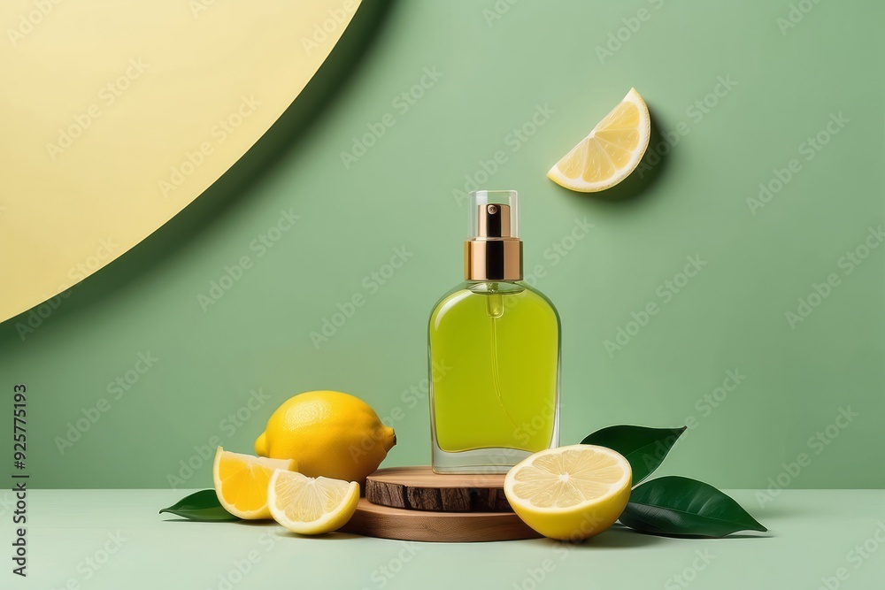 Lemon Scented Perfume Bottle with Lemons and Leaves on Green and Yellow Background Lemon Scented Perfume Bottle with Lemons and Leaves on Green and Yellow Background