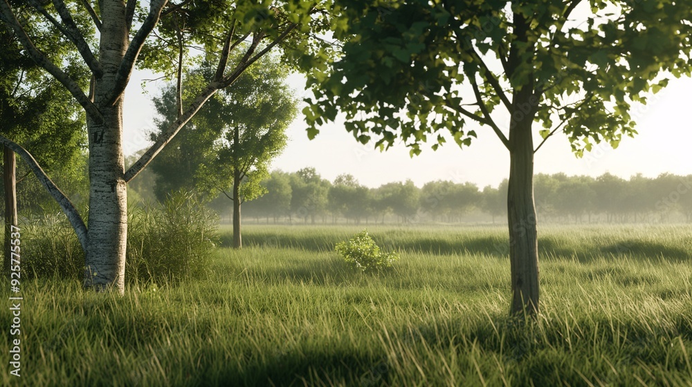 Golden Hour Tranquility: Sun-drenched Meadow with Trees in Morning Mist Golden Hour Tranquility: Sun-drenched Meadow with Trees in Morning Mist
