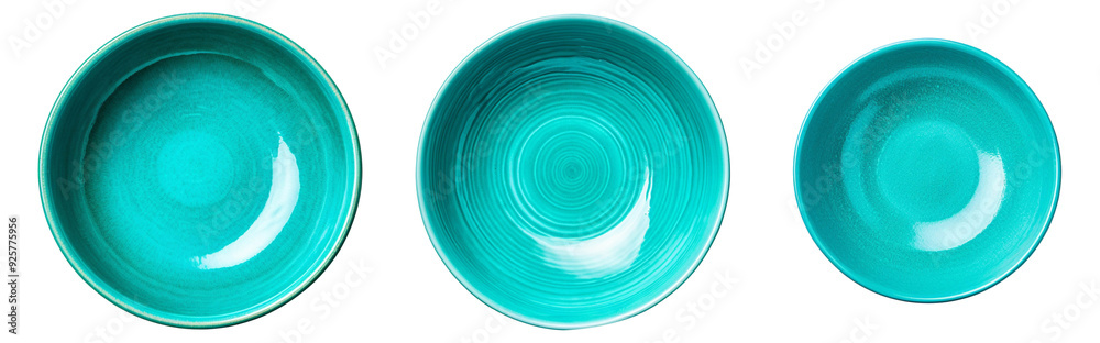 Set of three vibrant turquoise ceramic bowls, perfect for serving, decoration, or enhancing your kitchen aesthetics. Set of three vibrant turquoise ceramic bowls, perfect for serving, decoration, or enhancing your kitchen aesthetics.