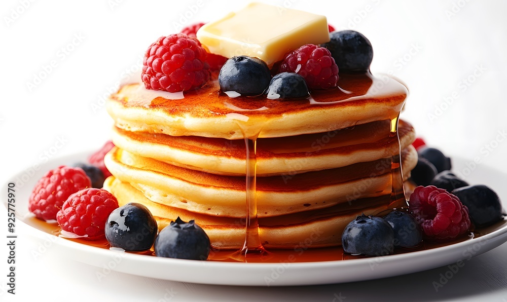Delicious Pancakes with Berries, Butter, and Syrup - Food Photography Delicious Pancakes with Berries, Butter, and Syrup - Food Photography