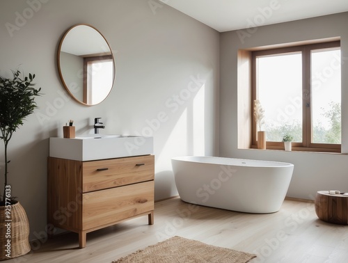 Minimalist Bathroom with Freestanding Tub and Wooden Vanity