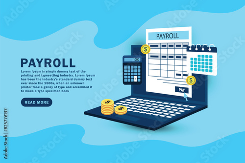 Online payroll taxes payment concept on laptop screen with electronic receipt or financial transaction, vector