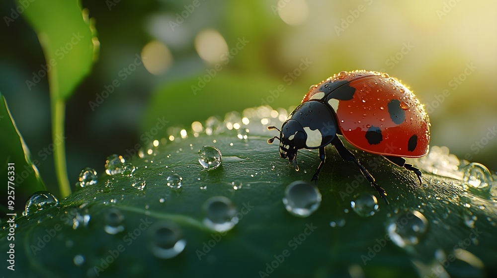 3D Illustration of a Ladybug on a Leaf with Dew Drops 3D Illustration of a Ladybug on a Leaf with Dew Drops