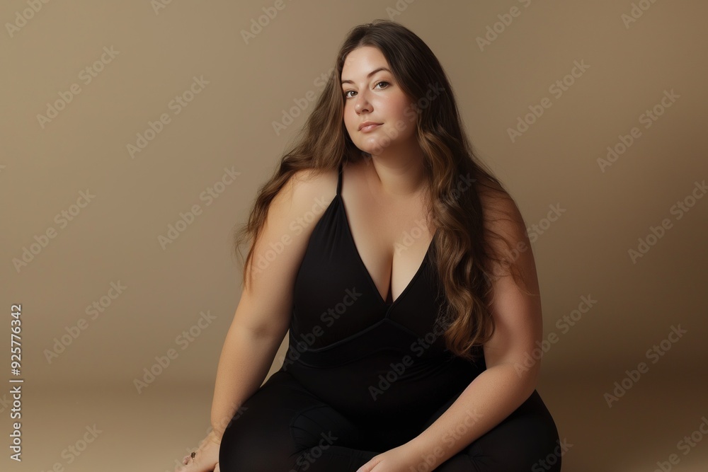 A young woman with long brown hair sits cross-legged in a black jumpsuit, posing against a light brown backdrop. A young woman with long brown hair sits cross-legged in a black jumpsuit, posing against a light brown backdrop.