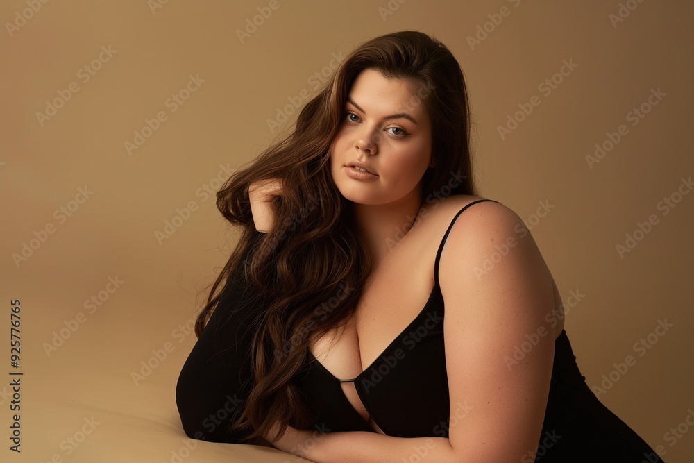A young woman with long brown hair, wearing a black top, poses against a beige background. A young woman with long brown hair, wearing a black top, poses against a beige background.