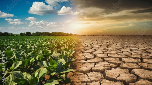 Separate image: Farmland and dry land without plants. Environmental concept. Drought affects agriculture. photo