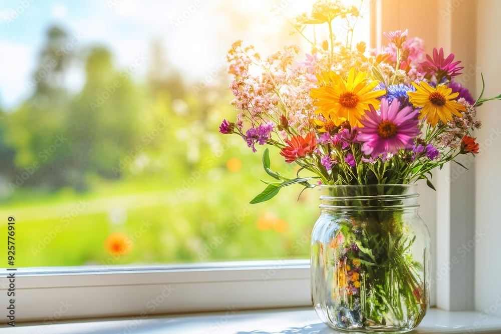 Colorful Bouquet in a Glass Jar by a Window Colorful Bouquet in a Glass Jar by a Window