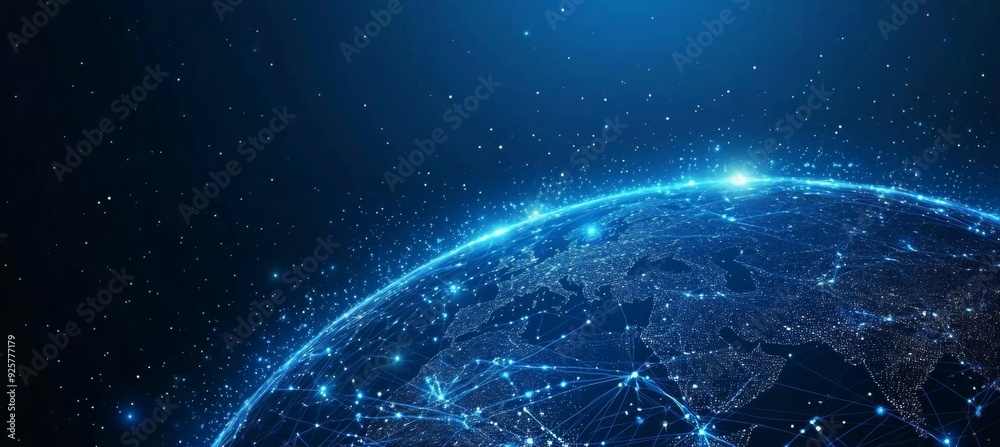 Abstract digital blue background with a glowing global network and internet connections on a dark blue backdrop, a technology concept. Abstract digital blue background with a glowing global network and internet connections on a dark blue backdrop, a technology concept.