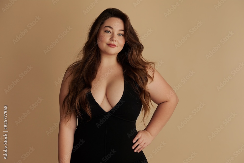 Confident woman in black bodysuit standing against a beige background.